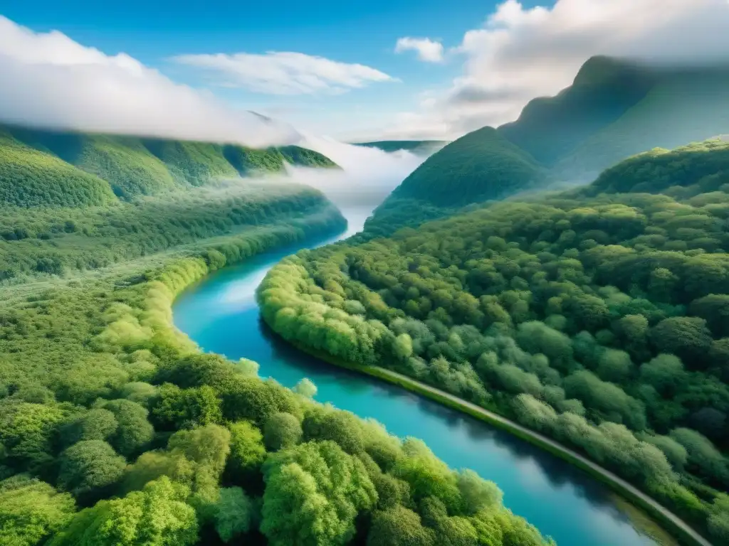 Un paisaje sereno de un frondoso bosque verde con un río serpenteante bajo un cielo azul, evocando paz y bienestar ambiental en Uruguay