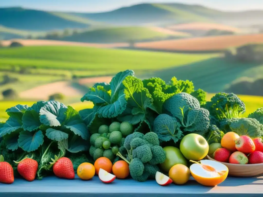 Paisaje sereno y frondoso en Uruguay con frutas y verduras frescas en una mesa de madera rústica