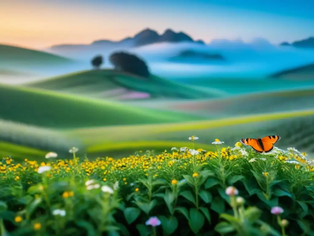 Paisaje sereno en Uruguay con mariposa en flor silvestre