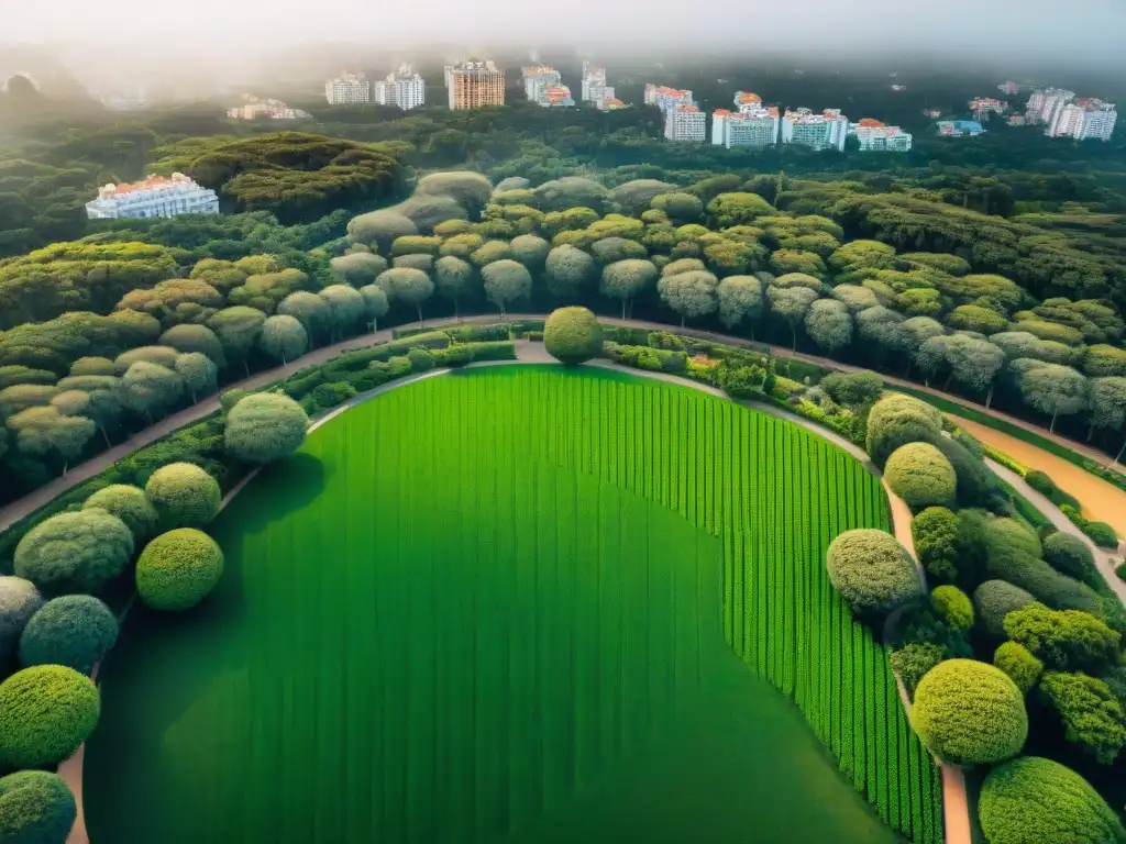 Paisaje sereno: Parque verde en Uruguay, árboles vibrantes, personas disfrutando