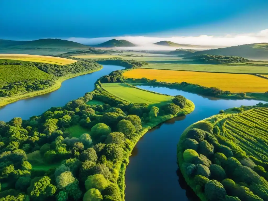 Paisaje sereno con pastizales verdes y arroyo en Uruguay