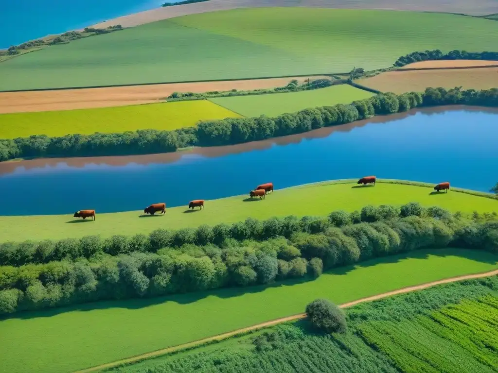 Paisaje sereno de pastizales verdes en Uruguay con vacas pastando