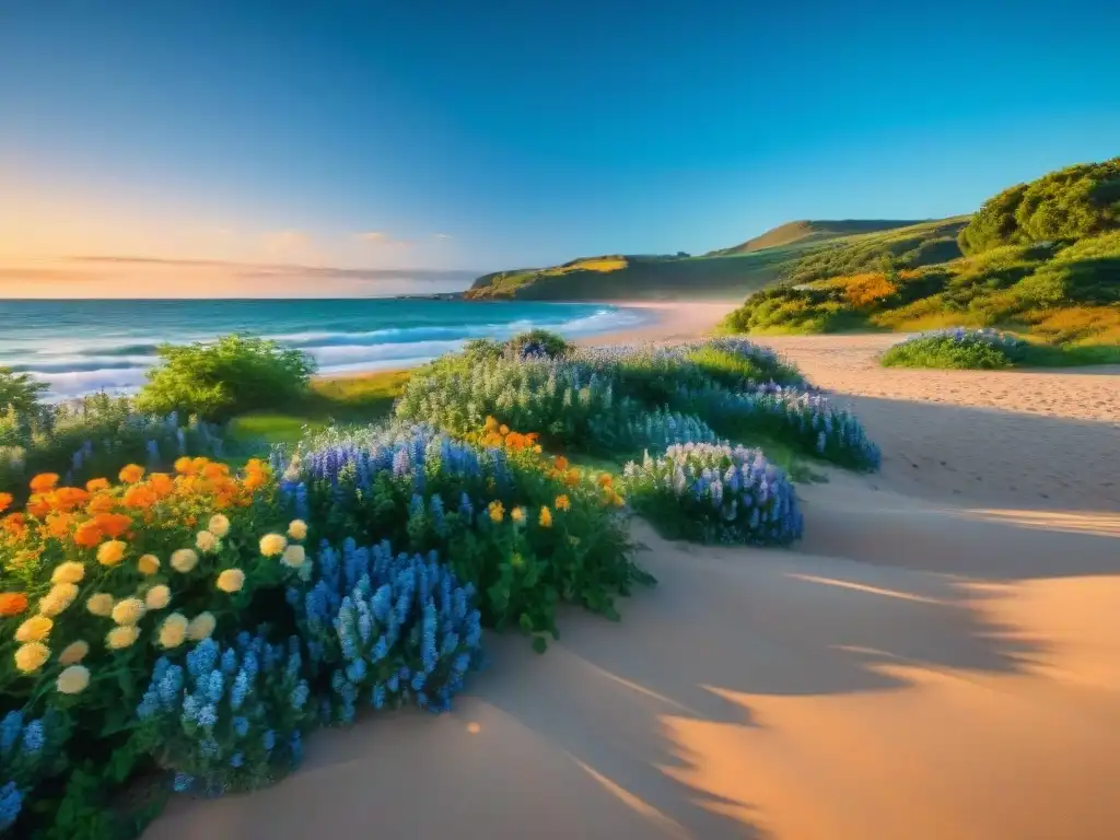 Paisaje sereno de una playa en Uruguay, aguas cristalinas, sol dorado