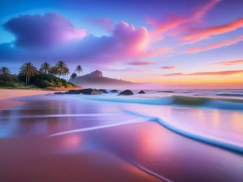 Paisaje sereno en la playa de Uruguay al atardecer con figura solitaria