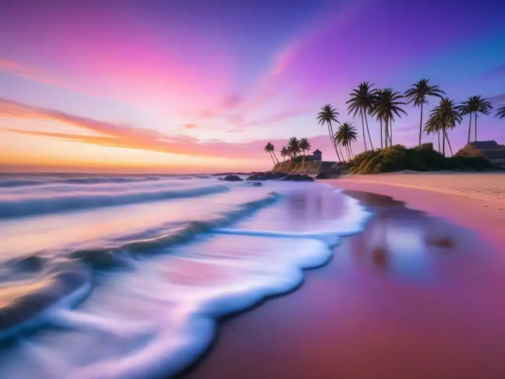 Paisaje sereno de playa en Uruguay al atardecer con suaves olas, palmeras y cielo pintado en tonos rosas y morados