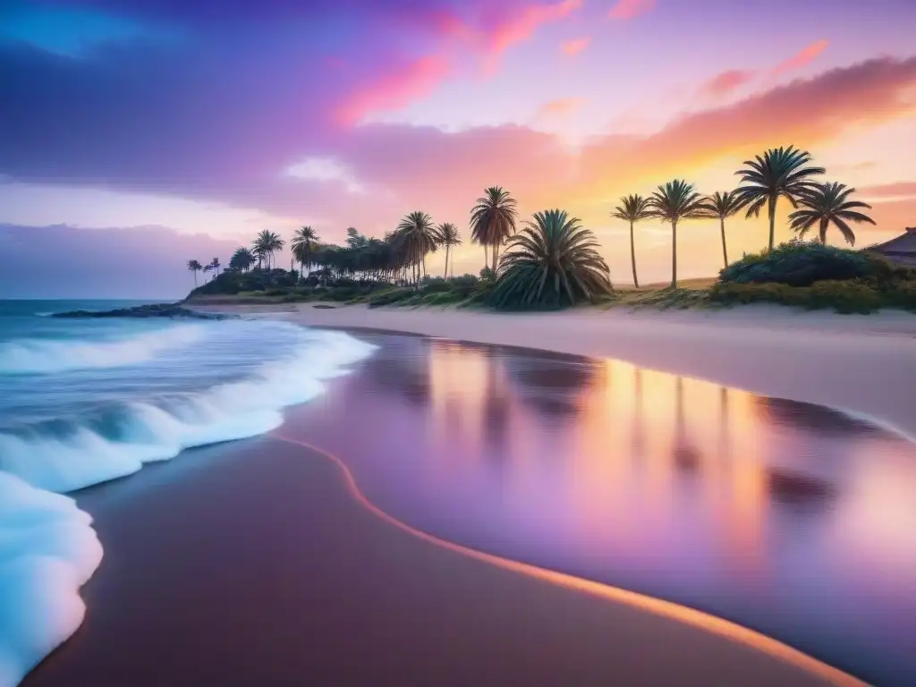 Paisaje sereno en la playa de Uruguay al atardecer, con palmeras, olas suaves y cielo colorido