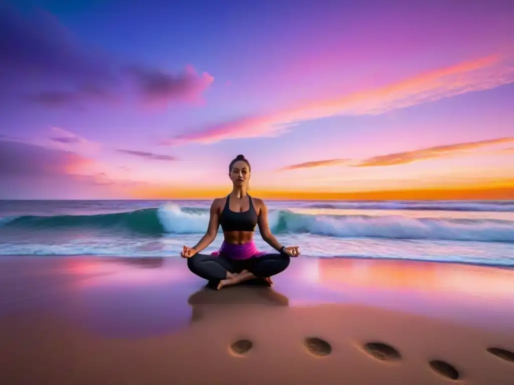 Paisaje sereno de una playa en Uruguay al atardecer, con palmeras, cielo colorido y una persona practicando yoga