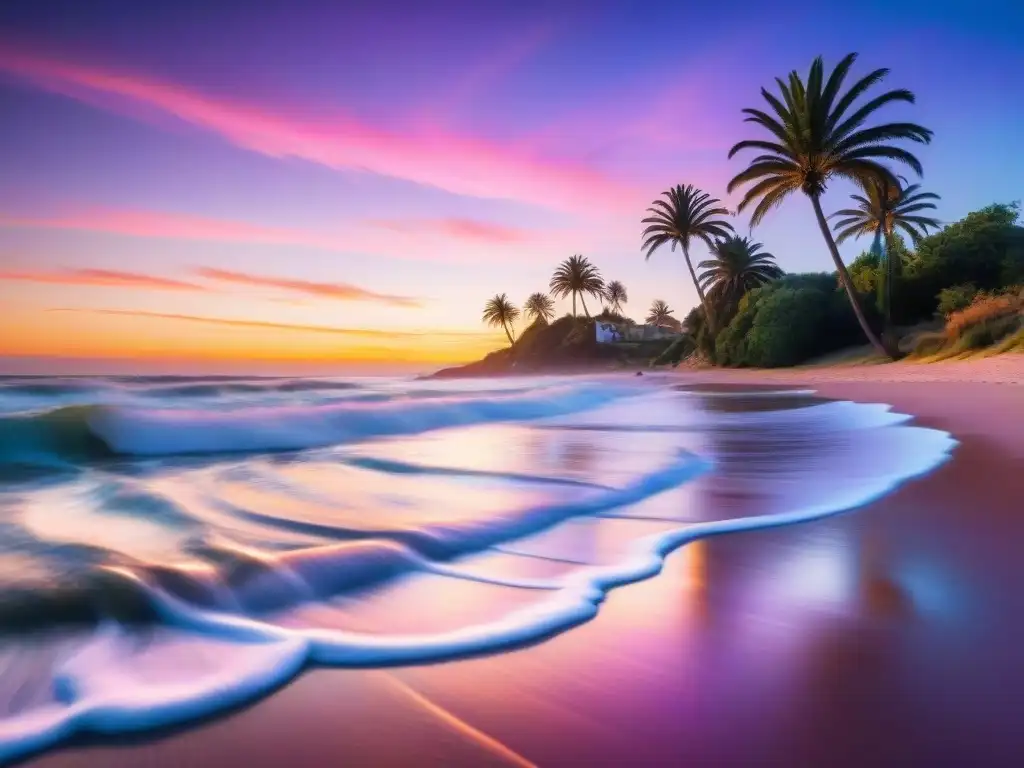 Paisaje sereno en una playa de Uruguay al atardecer, con palmeras, olas suaves y cielo colorido