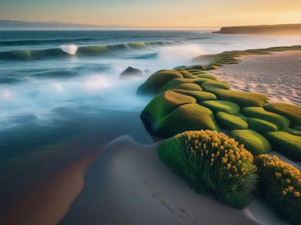 Paisaje sereno de una playa en Uruguay al atardecer, ideal para promover salud y bienestar en el clima uruguayo