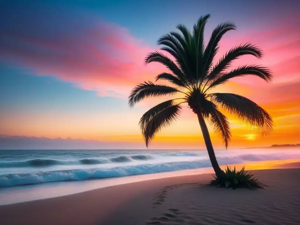 Paisaje sereno en la playa al atardecer en Uruguay, con tonos naranjas y rosados vibrantes en el cielo, reflejados en el mar tranquilo