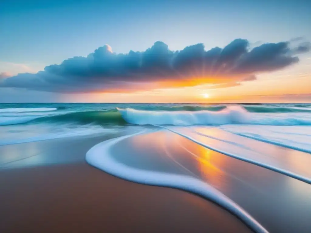 Paisaje sereno de una playa en Uruguay al atardecer, con colores vibrantes reflejados en las aguas tranquilas y palmeras en silueta