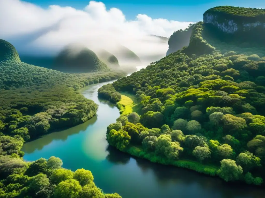 Un paisaje sereno en una reserva natural de Rocha, Uruguay, con un río tranquilo y un bosque verde exuberante