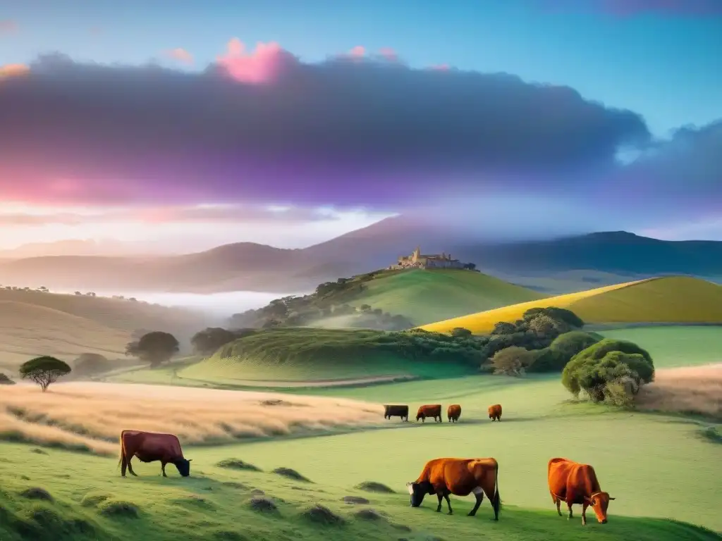 Paisaje sereno uruguayo al atardecer con colinas, ganado, río, cielo colorido y casa tradicional en la naturaleza