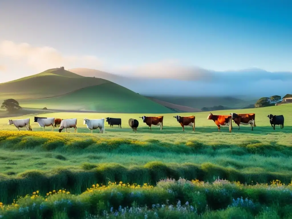 Paisaje sereno en Uruguay: campo verde, vacas pastando, granja uruguaya y colinas floreadas