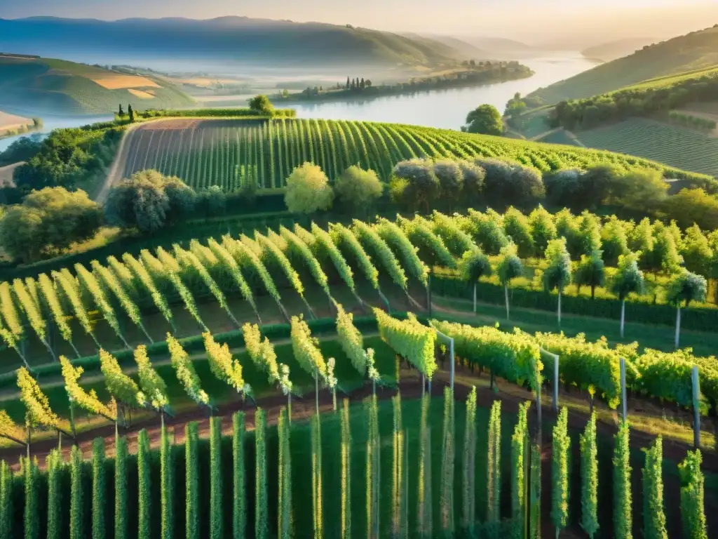 Un paisaje sereno de viñedos verdes y río brillante al atardecer en Carmelo