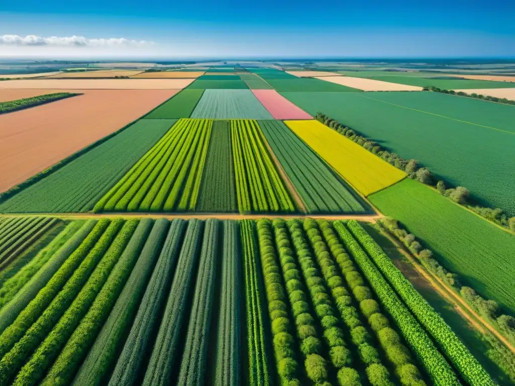 Un paisaje sorprendente de agricultura orgánica en Uruguay, con cultivos variados y colores vibrantes bajo un cielo azul sereno