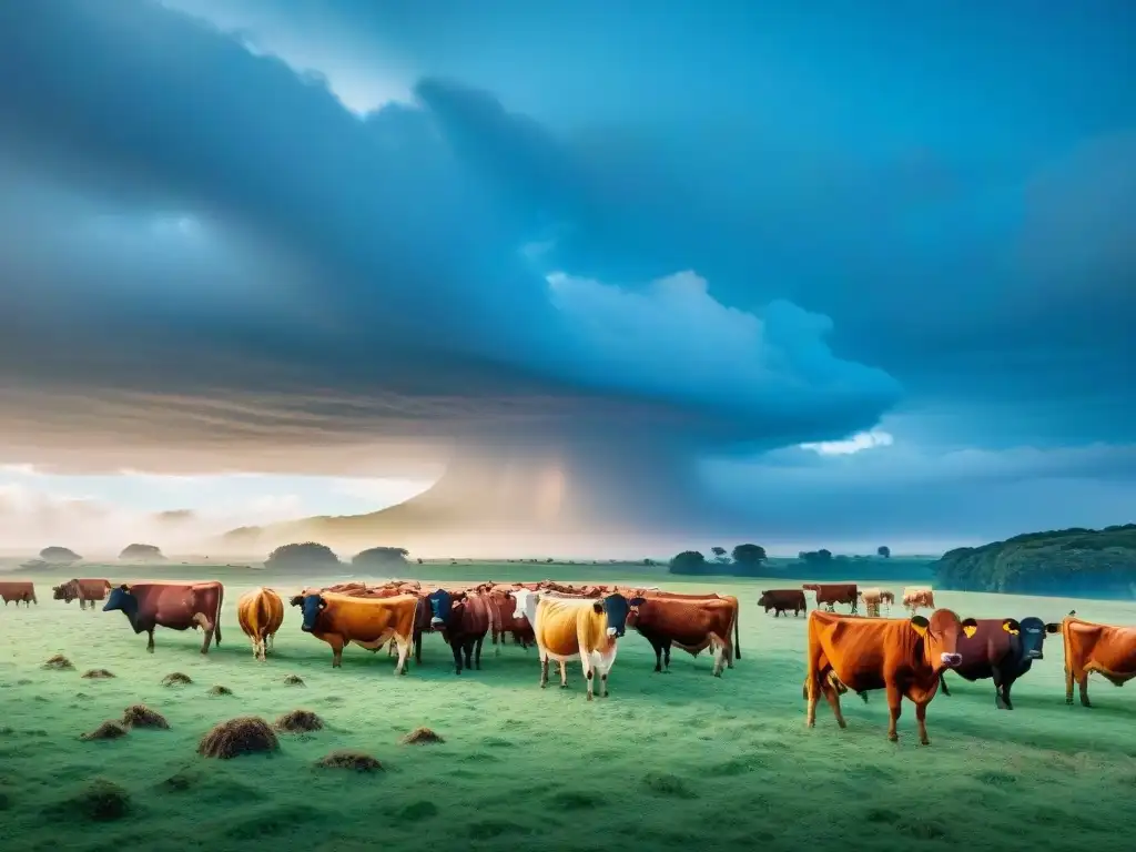 Paisaje sostenible con ganado pastando en Uruguay bajo cielo azul