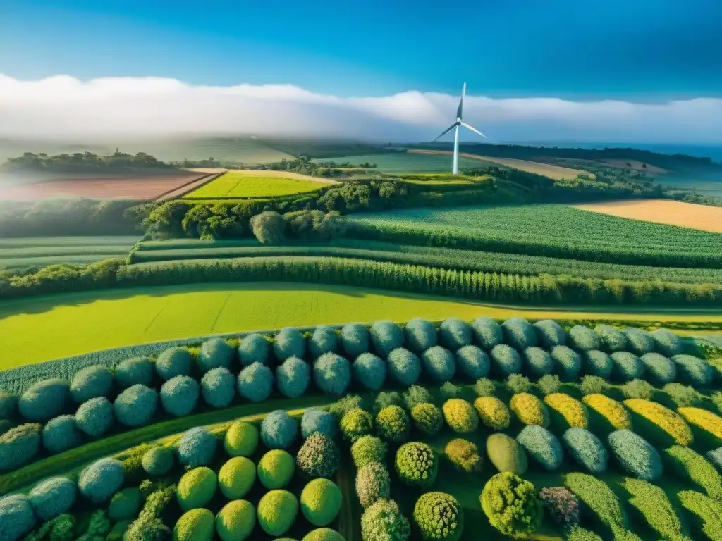 Paisaje sostenible en Uruguay con huertos orgánicos, paneles solares y molinos eólicos