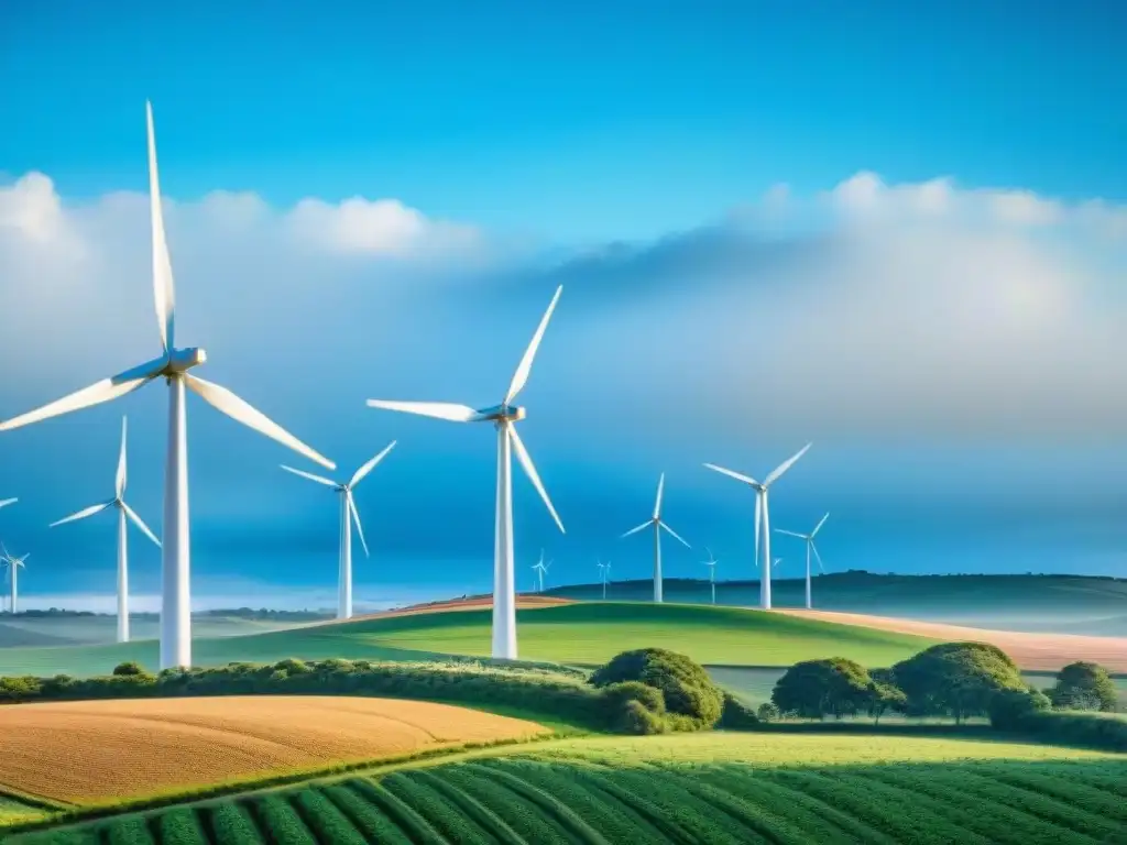 Paisaje sostenible en Uruguay: molinos de viento verdes en movimiento en un campo bajo el cielo azul