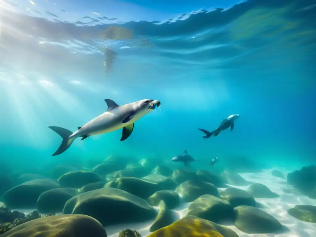 Un paisaje submarino en Uruguay con leones marinos y vida marina colorida