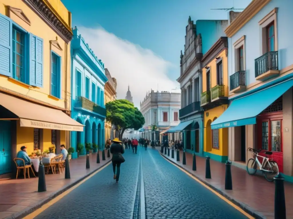 Transformación del paisaje urbano de Uruguay con arquitectura tradicional y moderna, colores vibrantes y vida urbana diversa