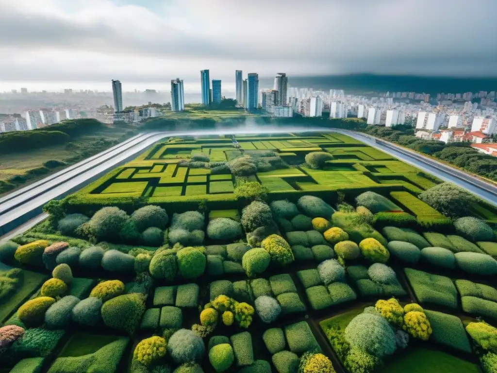 Un paisaje urbano futurista en Uruguay con techos verdes de vanguardia, fusionando arquitectura innovadora y diseño sostenible