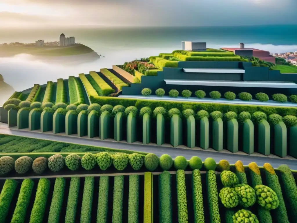 Un paisaje urbano futurista en Uruguay con techos verdes, fusionando arquitectura moderna y naturaleza