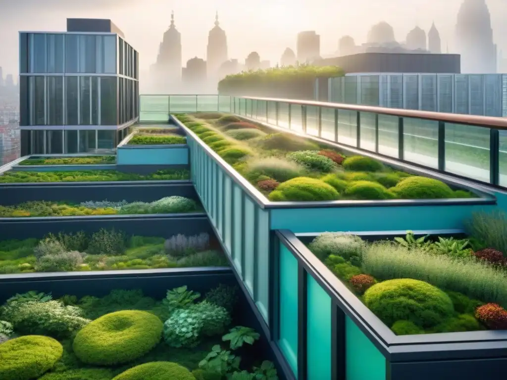 Un paisaje urbano futurista y vibrante con techos verdes que resaltan los beneficios ambientales