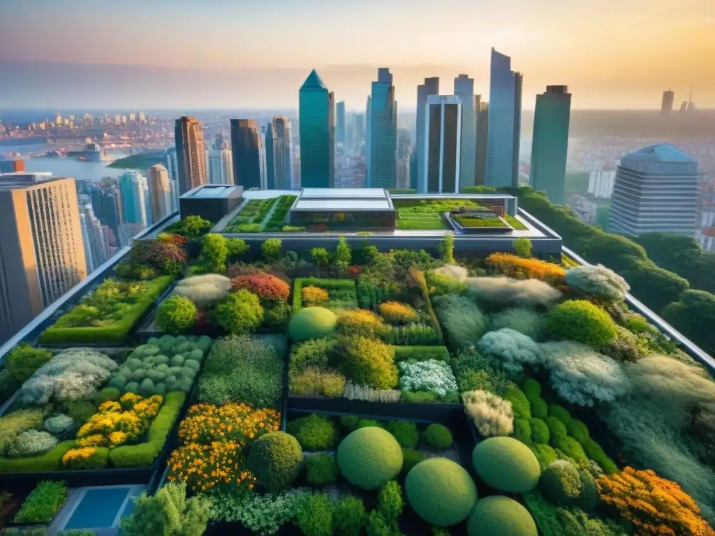 Un paisaje urbano lleno de techos verdes, mostrando armonía ambiental