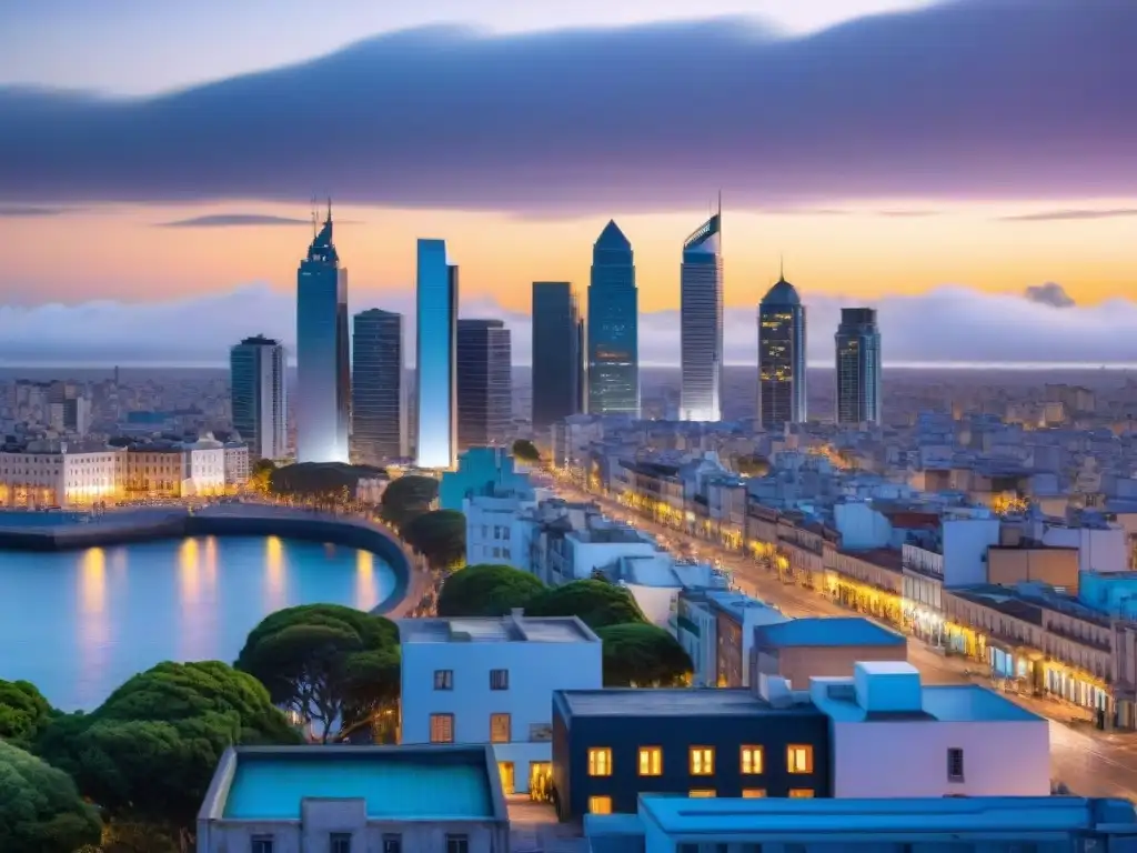 Un paisaje urbano vibrante y futurista de Montevideo al anochecer, con rascacielos iluminados con luces LED y un ambiente urbano activo