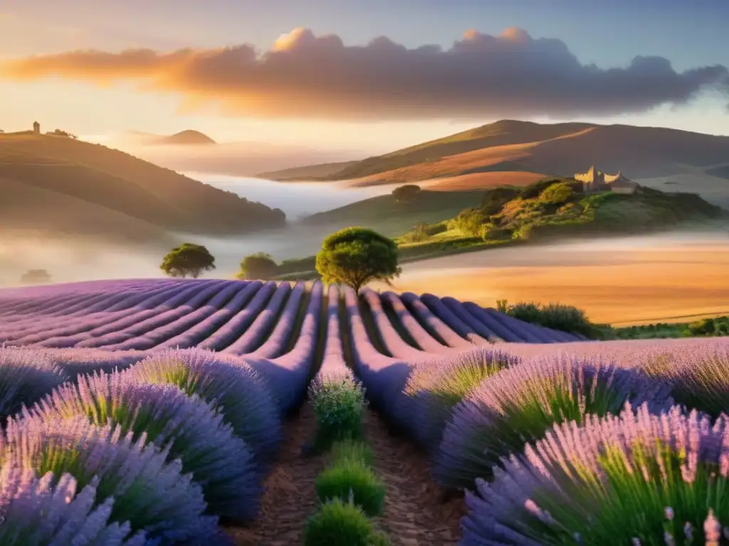 Paisaje uruguayo de lavanda al atardecer, con difusores de aromaterapia para bienestar integral Uruguay