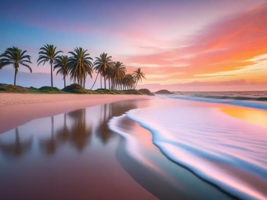 Paisaje uruguayo sereno al atardecer, playa tranquila, palmeras meciéndose y cielo naranja y rosa reflejado en el agua