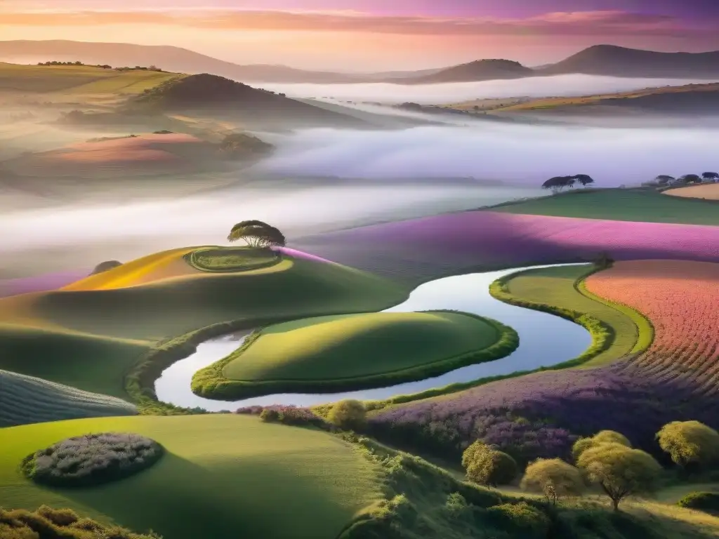 Un paisaje uruguayo sereno al atardecer con colinas verdes y un río tranquilo, ideal para suplementos adaptógenos para estrés en Uruguay