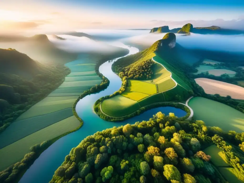 Paisaje verde exuberante con río serpenteante bajo cielo azul y sol dorado, transmitiendo bienestar mental con psicología del color