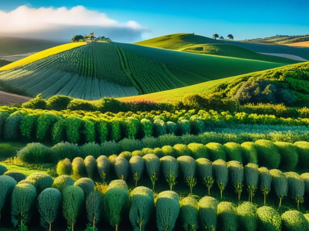 Paisaje verde y vibrante de Uruguay con agricultor y suplementación natural en Uruguay