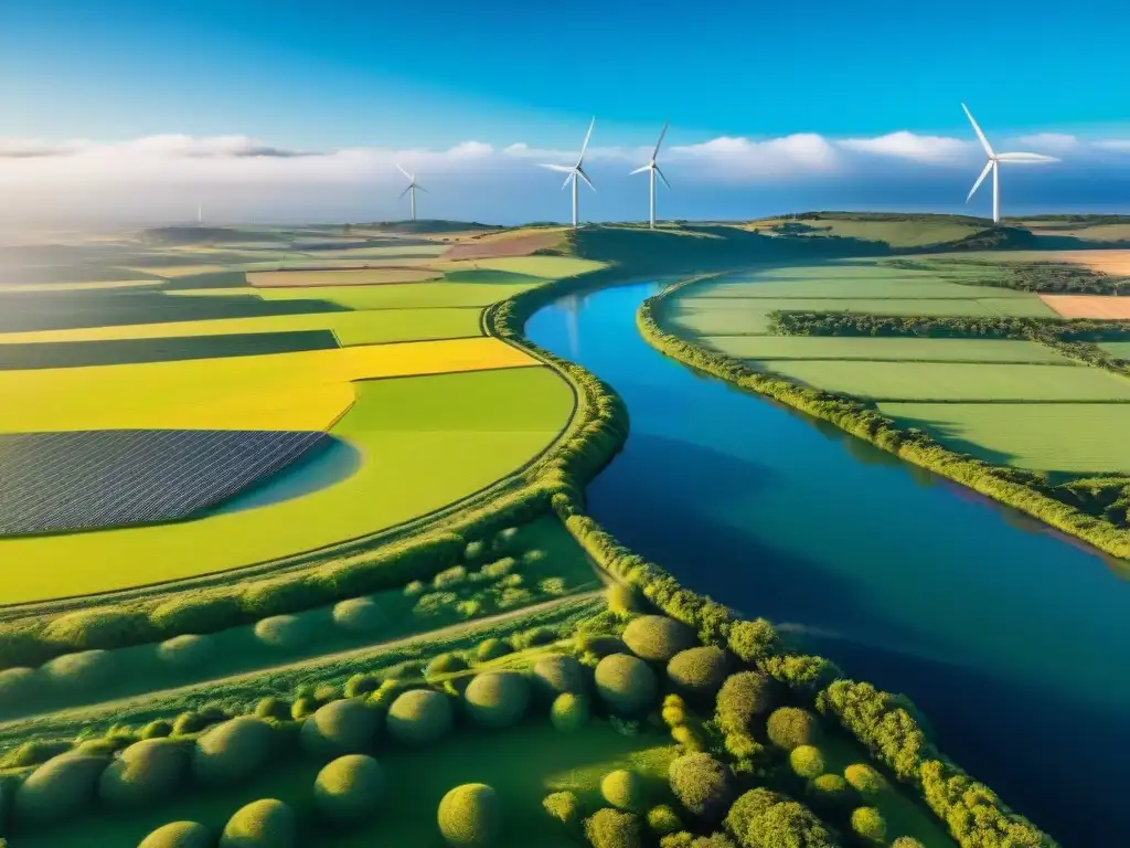 Un paisaje verde vibrante en Uruguay con paneles solares y molinos eólicos, armonizados en un estilo de vida sostenible