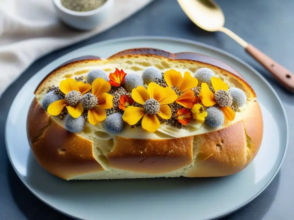 Un pan de azúcar uruguayo moderno y saludable, adornado con flores comestibles y semillas de chía en una elegante encimera de mármol