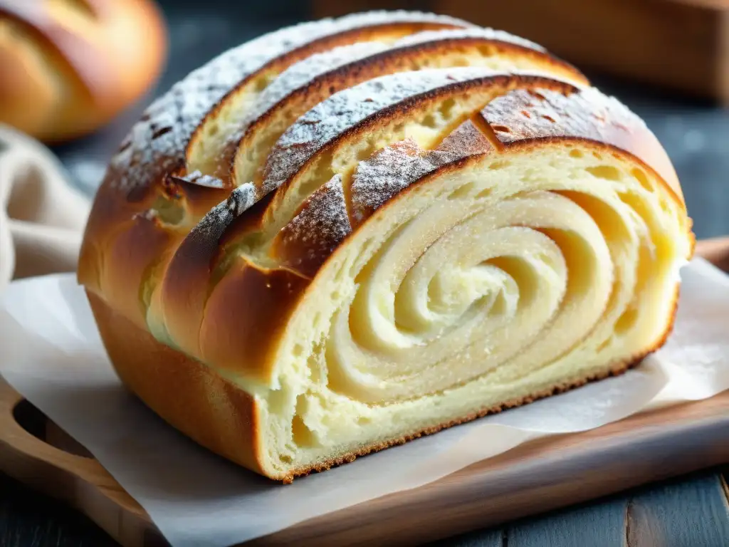 Un pan de azúcar uruguayo saludable, dorado y esponjoso, con canela y pasas, sobre tabla de madera rústica