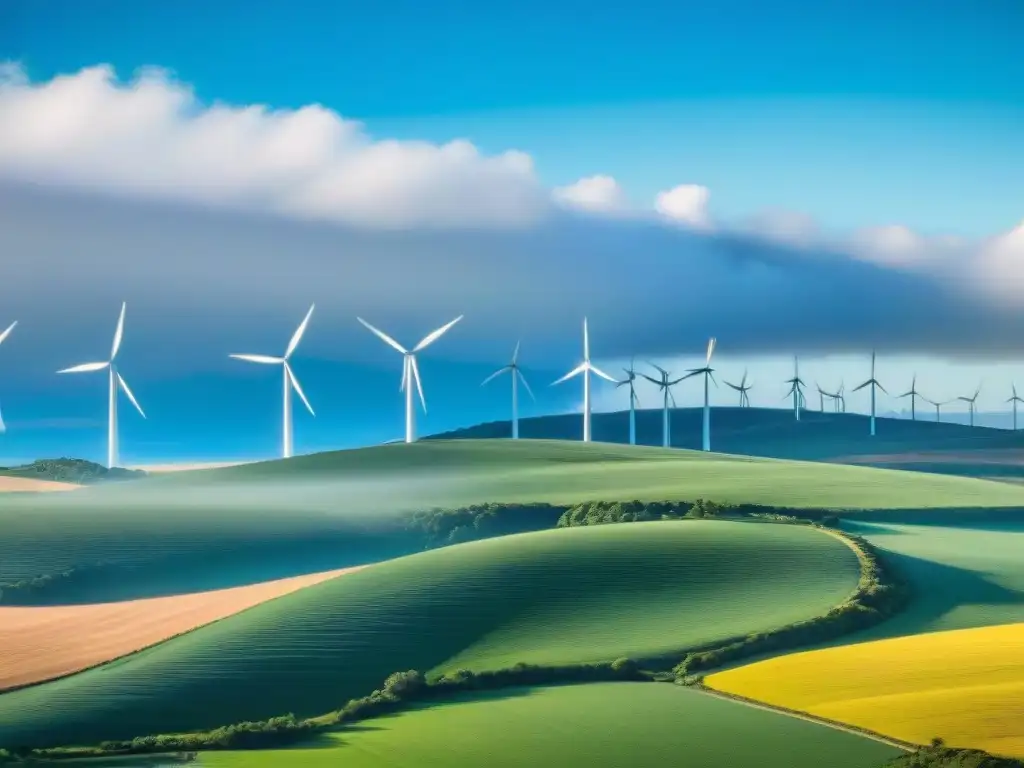 Panorámica de un parque eólico en colinas de Uruguay, con turbinas relucientes y campos verdes, simbolizando la energía sostenible en Uruguay