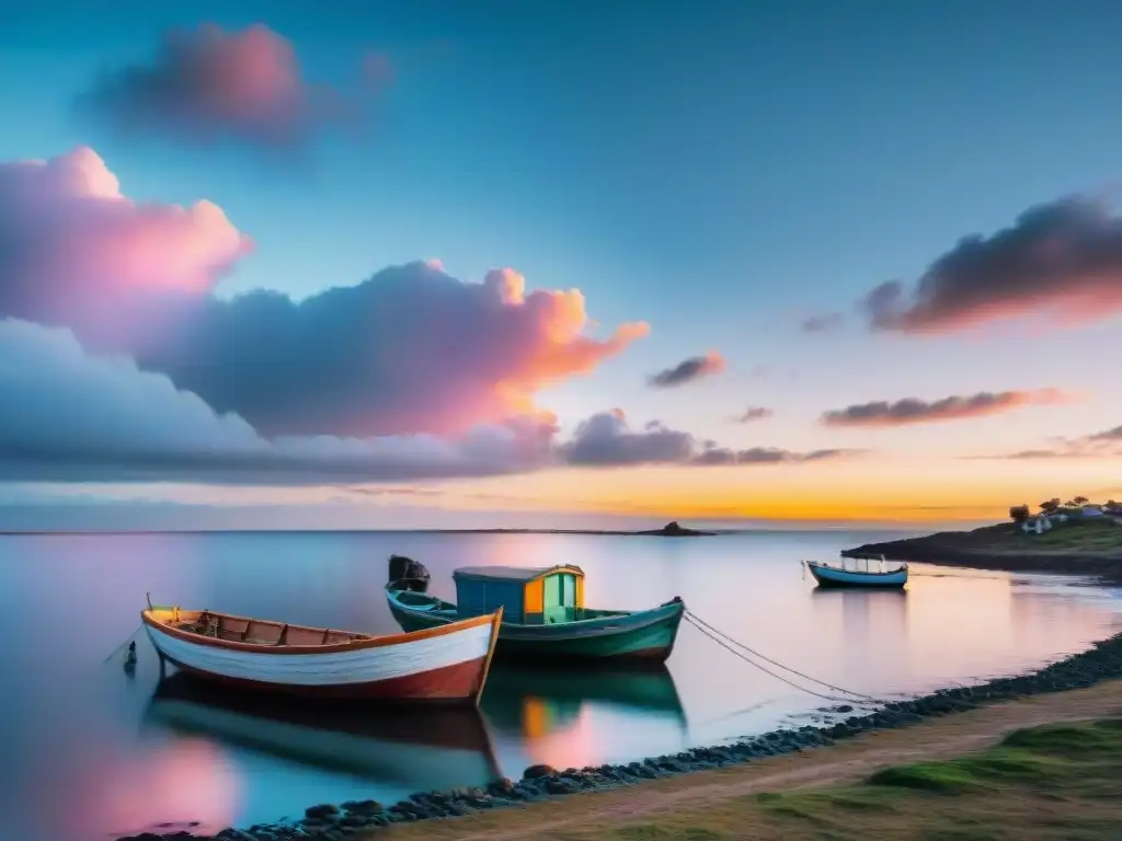 Panorámica serena de la costa de Uruguay al atardecer, reflejos pastel en el mar