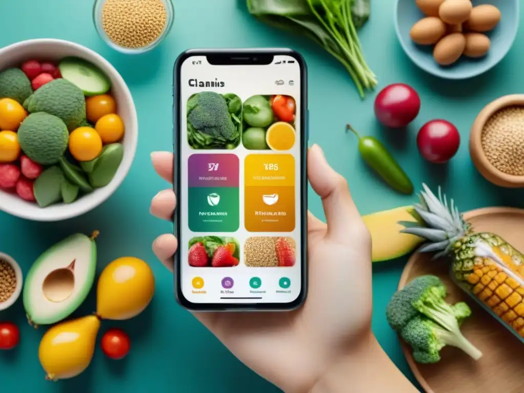 Una pantalla de smartphone muestra apps para planificar menús saludables con iconos coloridos de alimentos