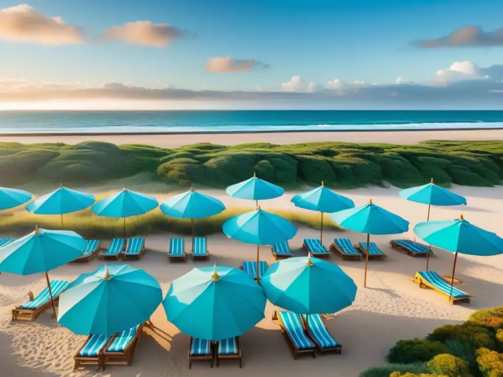 Un paraíso en Uruguay: playa serena con aguas turquesas, sombrillas coloridas y paz