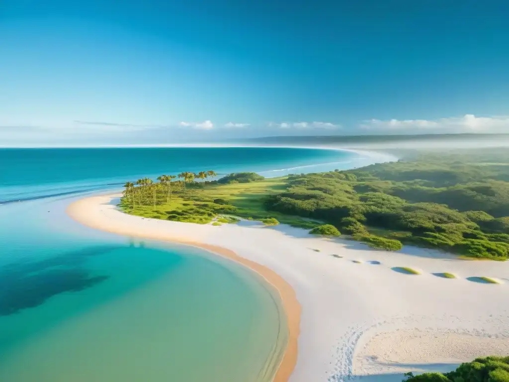 Un paraíso de turismo saludable y bienestar en Uruguay: playa serena, aguas turquesas, sol dorado y personas relajadas en la arena blanca