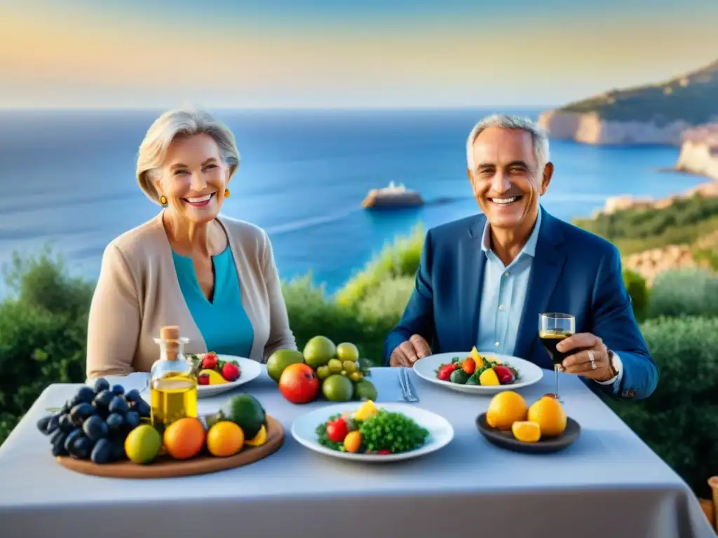 Una pareja de adultos mayores sonríe disfrutando de una colorida comida mediterránea al aire libre con vista al mar al atardecer