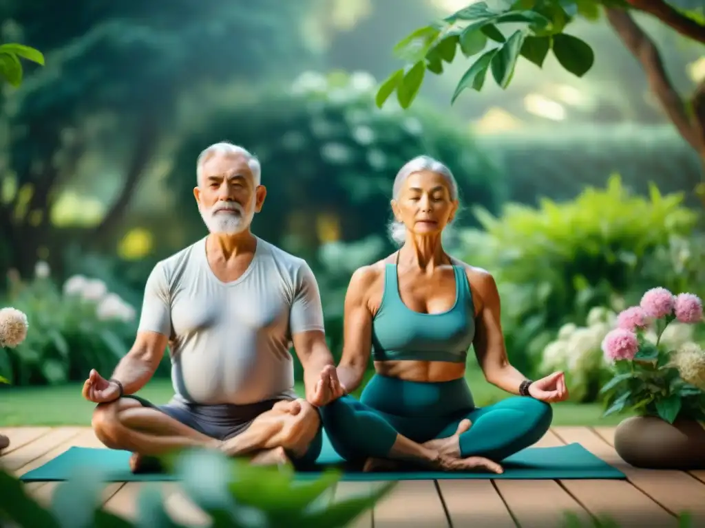 Una pareja anciana practicando yoga juntos en un jardín sereno, promoviendo la prevención de enfermedades comunes en la vejez en Uruguay