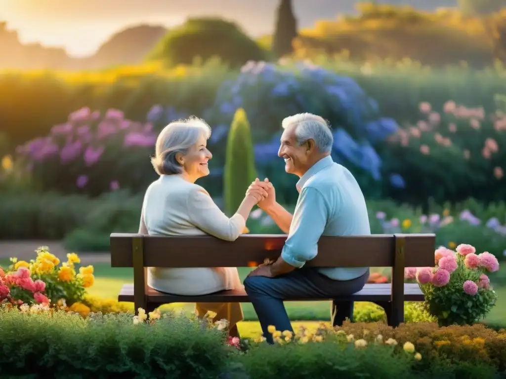 Una pareja de ancianos conversando feliz en un jardín colorido al atardecer