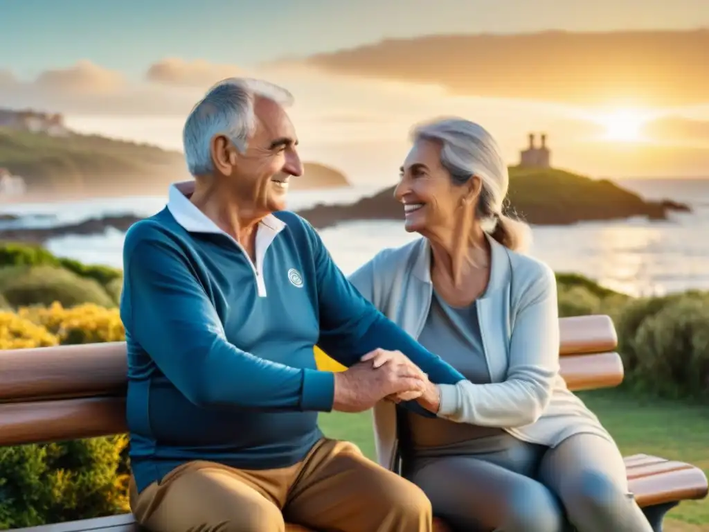 Una pareja uruguaya de ancianos se sienta sonriendo y tomados de la mano en un parque con vista al mar al atardecer