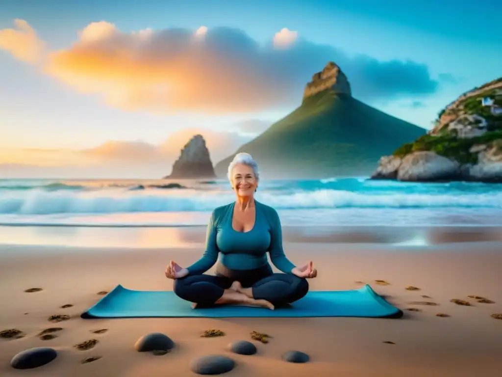 Una pareja de ancianos uruguayos practicando yoga juntos en una playa pintoresca al atardecer, transmitiendo paz y vitalidad