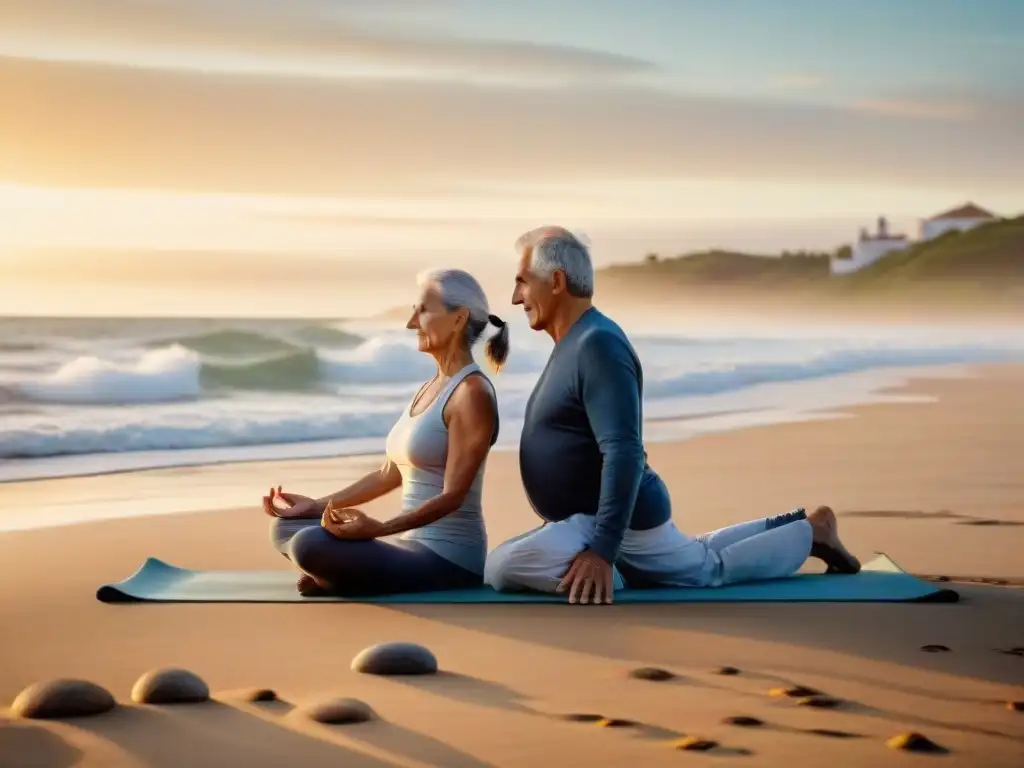 Una pareja de ancianos practicando yoga en la playa al amanecer en Uruguay, representando la importancia del diagnóstico temprano y una vida saludable