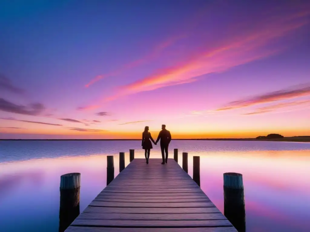 Una pareja contempla un atardecer dorado en Laguna Garzón, Uruguay